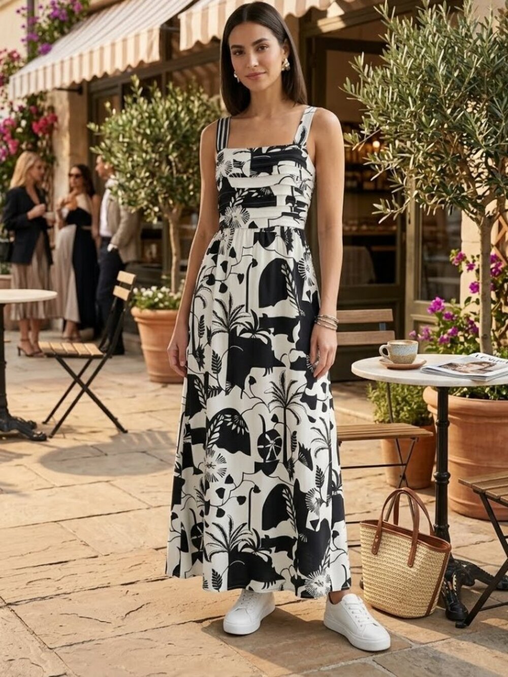 Nicole Miller Size 8 Linen Blend Abstract Floral Graphic Smocked Maxie Dress